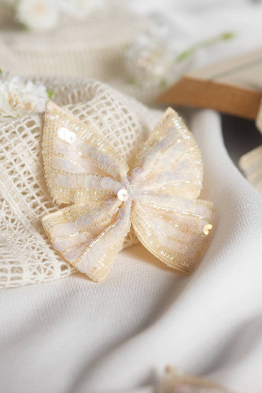 Sequined Bow Hair Clip - Cream