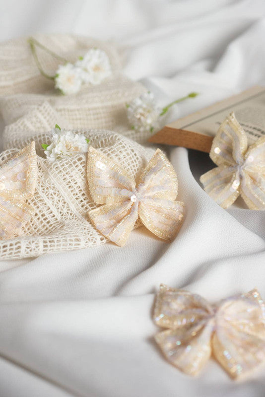 Sequined Bow Hair Clip - Cream