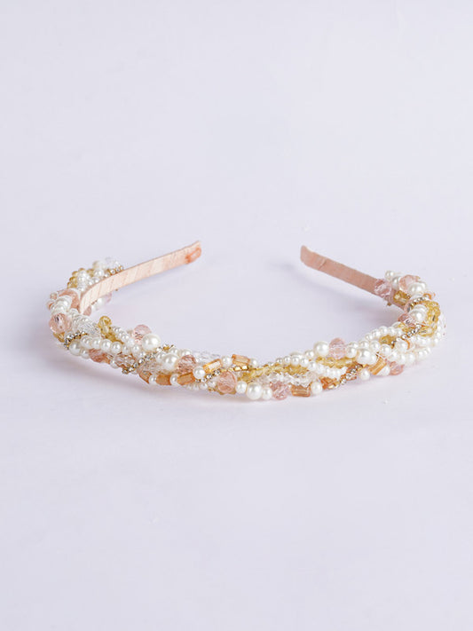 Choko Women's Headband - Ivory Satin with Pearls & Crystal Detail