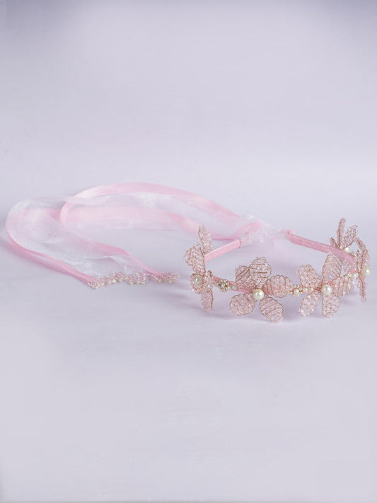 Choko Girl's Hairband Tie-Down Crown for Girls & Kids - Pink Satin, Crystal Leaves & Pearls Choko