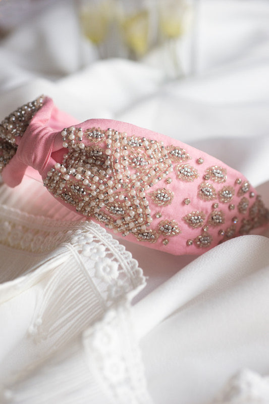 Choko Girls' Headband - Pink Satin with Pearl & Crystal Beadwork