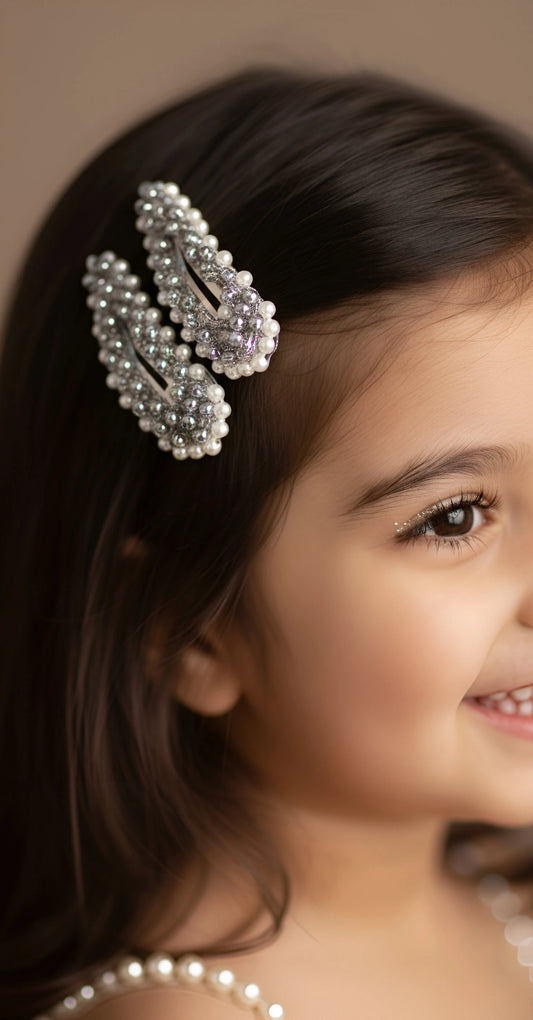 Elegant Silver Beads & Pearl Hair Clips for Girls & Kids - 2-Piece Set - Choko