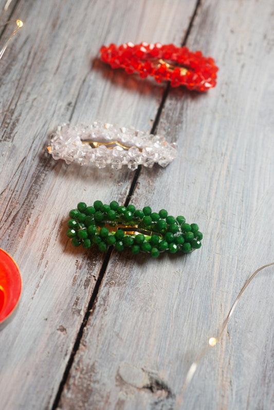 Tri-Color Glitter Beaded Clips (Set of 3) for Girls & Kids - Christmas Palette - Choko