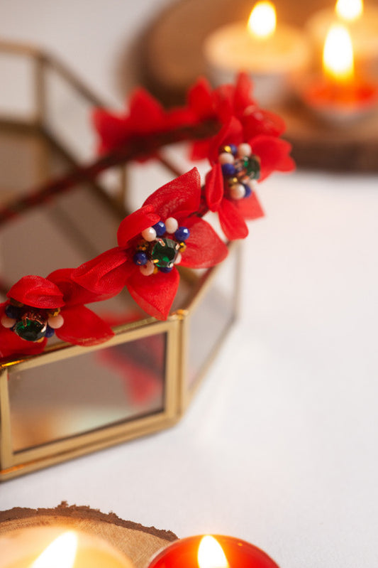 Blooms of Winter Hairband - Scarlet & Floral Tulle Design