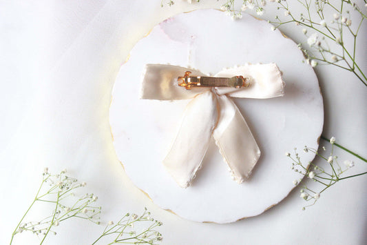 Pearl Embroidered Bow Hair Clip for Girls & Kids - Cream Choko