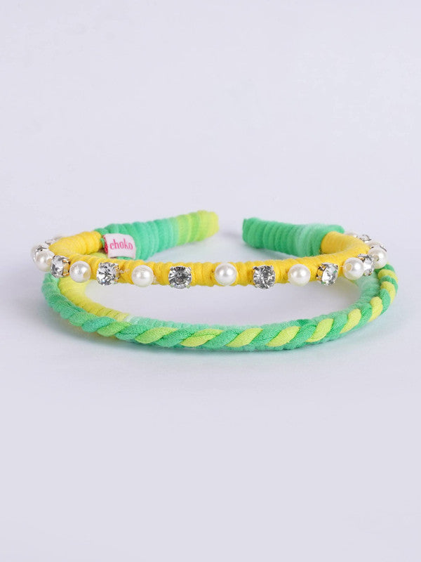 Choko - Dual Braided Embellished Lycra Hairband - Yellow, Green, White