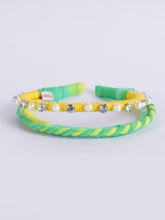Choko - Dual Braided Embellished Lycra Hairband - Yellow, Green, White