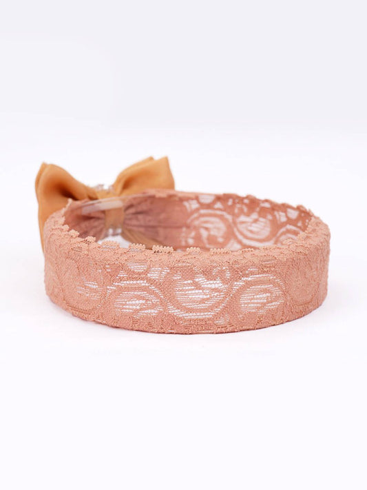 Adjustable Lace Bow Hair Band with Pearls and Silver Crystals - White