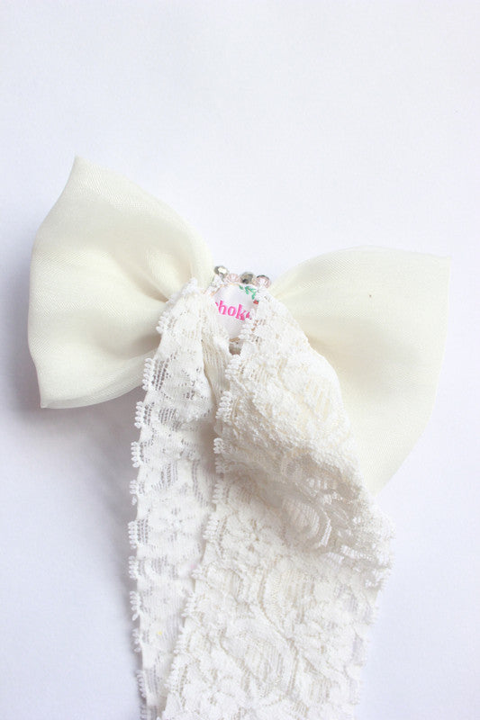 Adjustable Lace Bow Hair Band for Girls & Kids - White Pearls & Crystals Choko