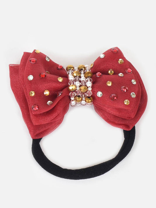Adjustable Bow Hair Band with Pearls and Silver Crystals - Red