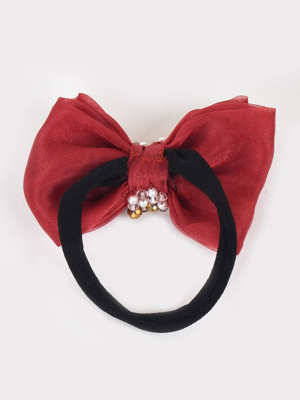 Adjustable Bow Hair Band with Pearls and Silver Crystals - Red
