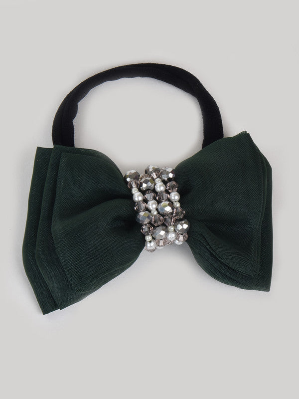 Adjustable Bow Hair Band with Pearls & Silver Crystals for Girls & Kids - Green Choko
