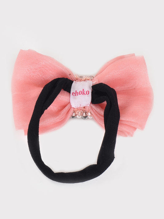 Adjustable Bow Hair Band with Pearls & Silver Crystals for Girls & Kids - Peach Choko