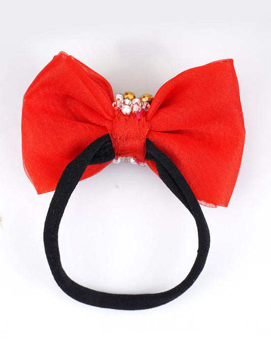 Adjustable Bow Hair Band with Pearls & Silver Crystals for Babies - Red Choko