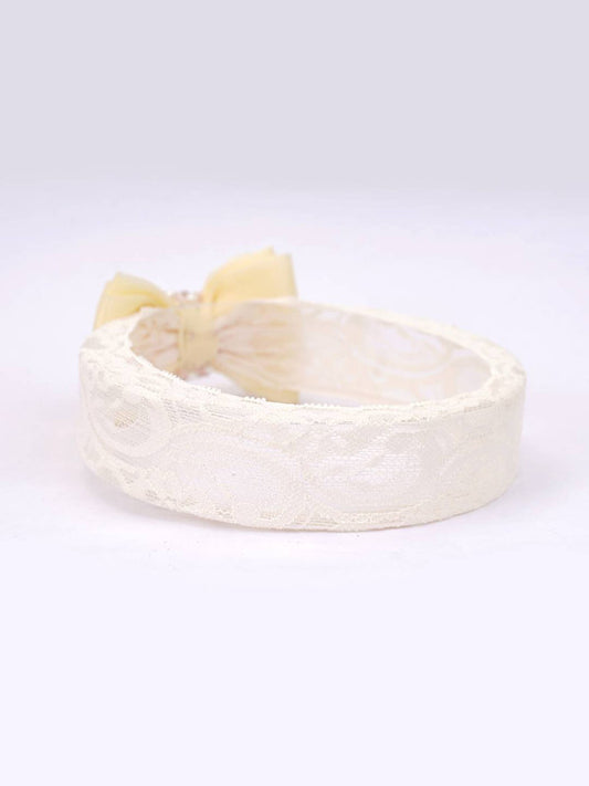 Adjustable Lace Bow Hair Band with Pearls and Silver Crystals - White