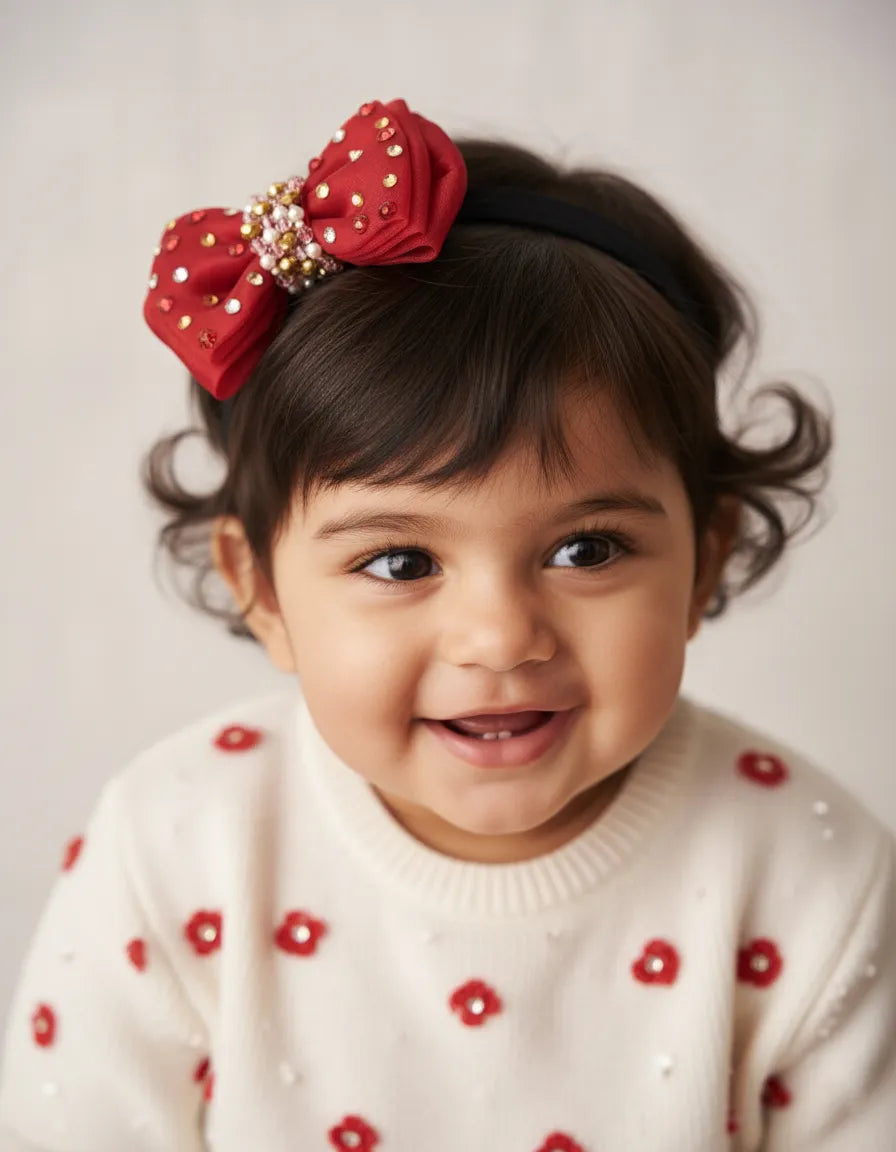 Choko Adjustable Bow Hair Band with Pearls and Silver Crystals for Baby Girls — Red - Choko