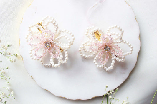 Crystal & Pearls Embellished Flower Hair Clip (Pair) - Off White & Pink Choko