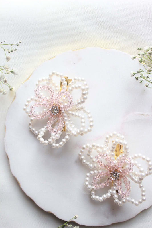 Crystal & Pearls Embellished Flower Hair Clip (Pair) - Off White & Pink - Choko
