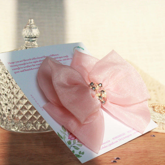 Mademoiselle Peach Statement Bow Hair Clip for Girls & Kids - Mesh & Pearls Choko