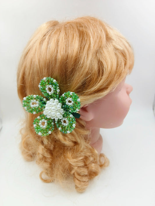 Green Floral Crystal Hair Clip for Girls & Kids - Handmade Pearl Accessory - Choko