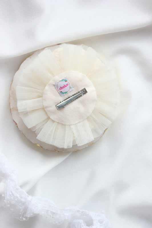 Exquisite Blossom Satin, Tulle & Lace Hair Clip for Girls & Kids - Beige Statement Choko