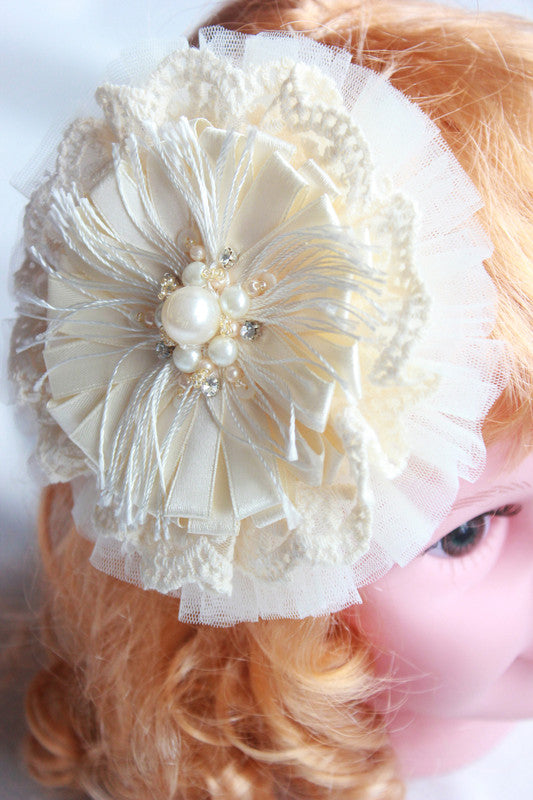 Exquisite Blossom Satin, Tulle & Lace Hair Clip for Girls & Kids - Beige Statement Choko