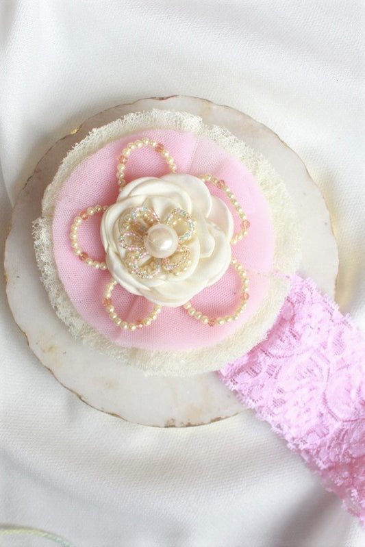 Royal Efflorescence White & Pink Satin Hair Band for Babies & Girls - Handmade Statement