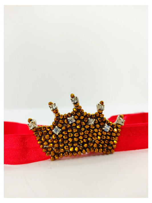 Golden Baby Crown Crystal Hair Band for Babies - Red Elastic Choko