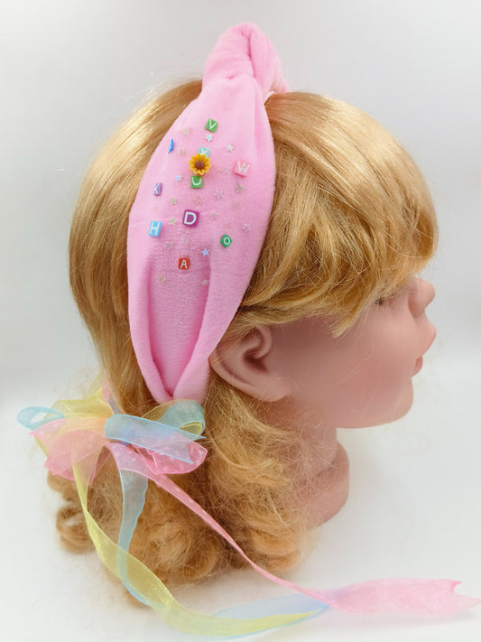 Choko Girls' Whimsical Pink Knot Headband - Pastel Embroidery & Sheer Ribbon