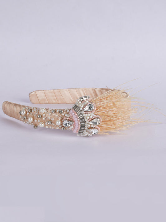 Crowned Beauty Hair Band - Feathers, Crystals, Pearls - Princess Inspired - Beige/Light Brown/Cream/Off White/Clear
