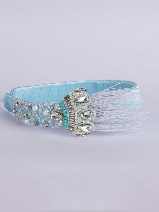Crowned Beauty Hair Band - Feathers, Crystals, Pearls - Princess Inspired - Deep Blue/Royal Blue/Sky Blue