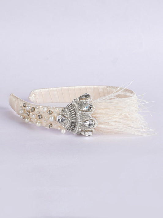 Crowned Beauty Hair Band - Feathers, Crystals, Pearls - Princess Inspired - Pristine White/Silver/Crystal Clear
