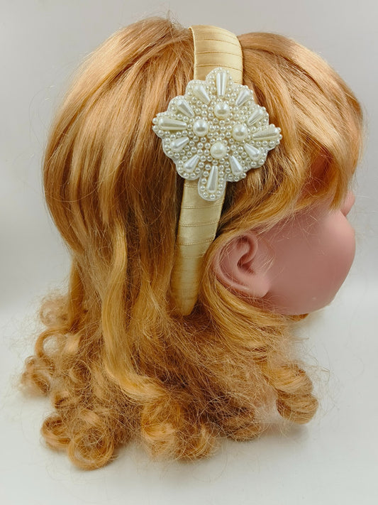 Gold-Toned Brown Hairband - Teardrop Pearls - Celestial Ballet - Brown/Cream
