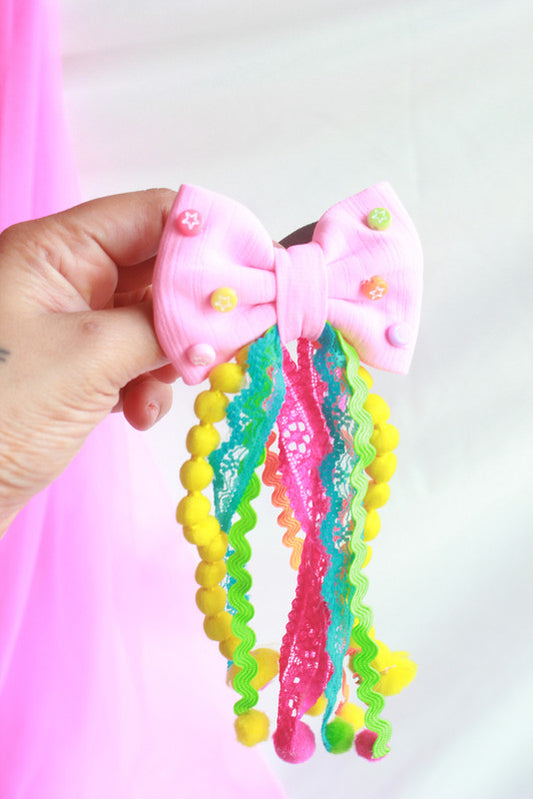 Pink Embellished Hair Tie for Girls & Kids with Pom-Poms & Ribbons - Choko