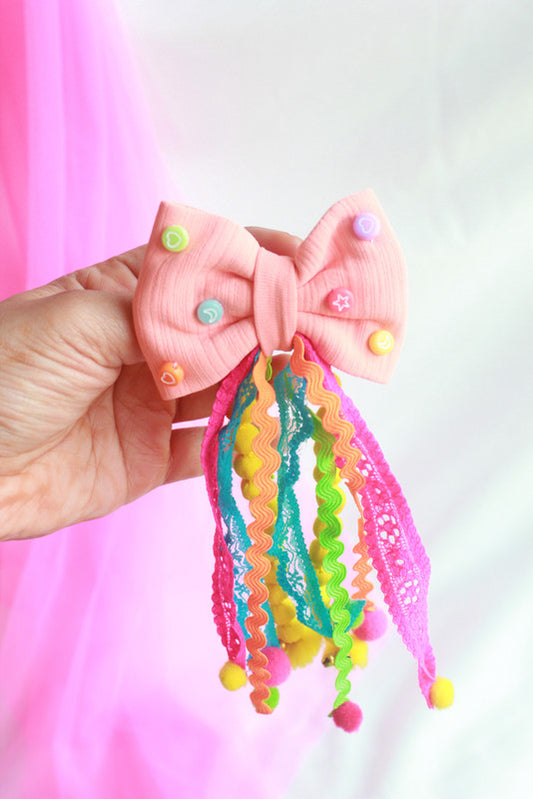 Peach Embellished Bow Hair Tie for Girls & Kids - Pom-Poms & Ribbon Delight