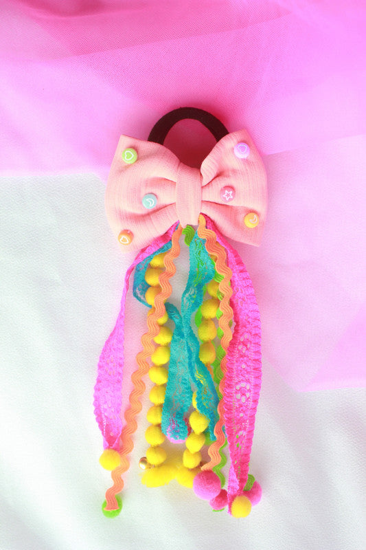 Peach Embellished Bow Hair Tie for Girls & Kids - Pom-Poms & Ribbon Delight