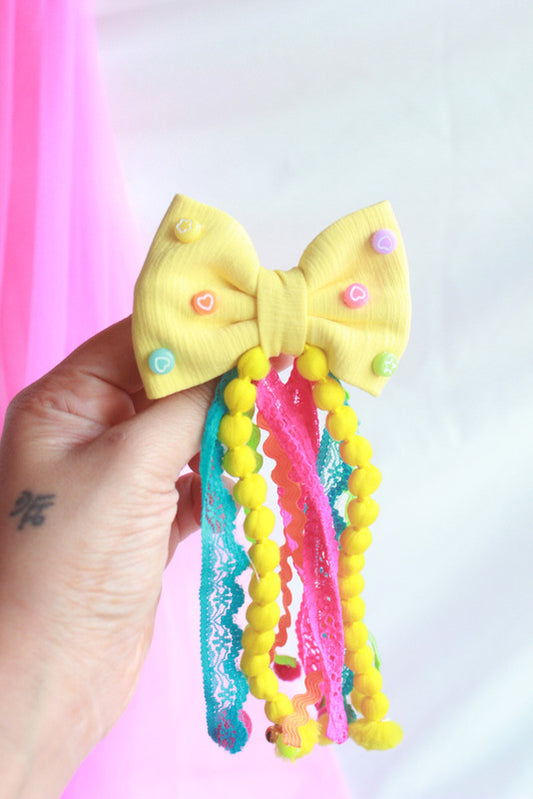 Yellow Embellished Hair Tie for Girls & Kids with Pom-Poms & Ribbons