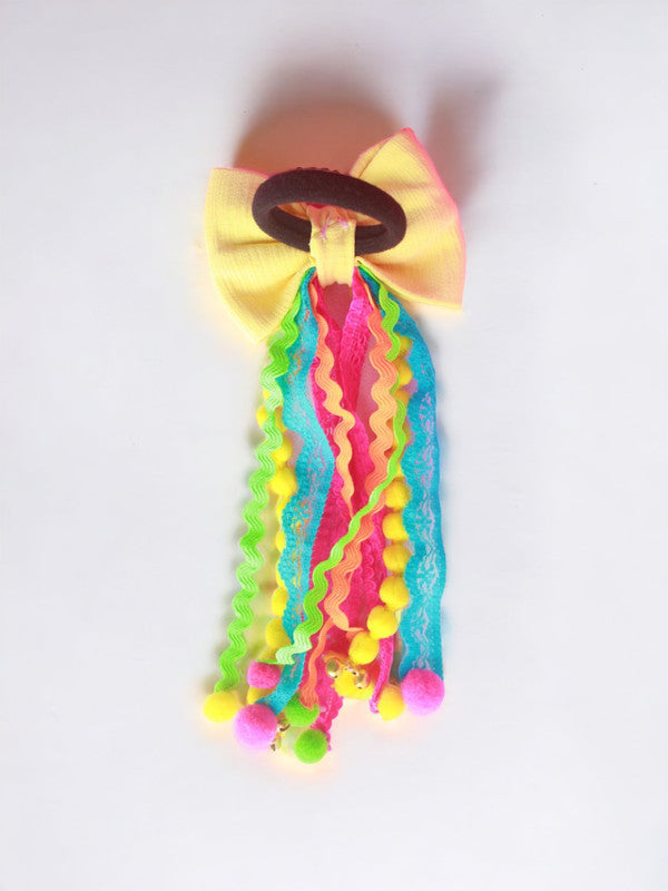 Yellow Embellished Hair Tie for Girls & Kids with Pom-Poms & Ribbons