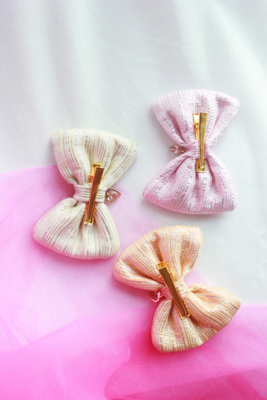 Pastel Glitter Bow Trio Clips for Girls & Kids - Heart Charms - Choko