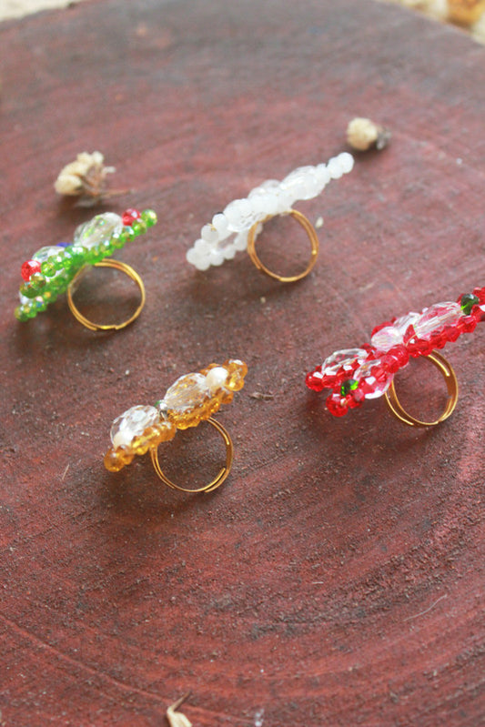 Beads and Pearls Embellished Butterfly Accent Ring for Girls - Yellow, White, Green, Red