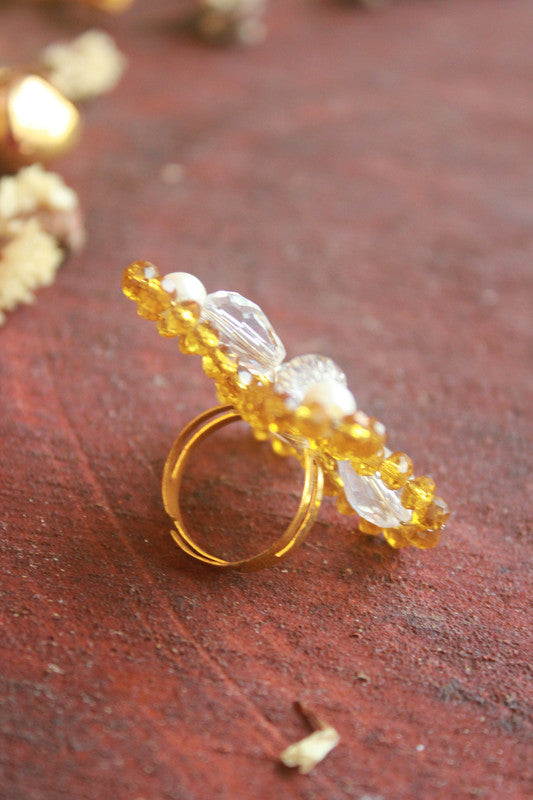 Beads & Pearls Butterfly Accent Ring - Yellow & White, Handmade for Kids