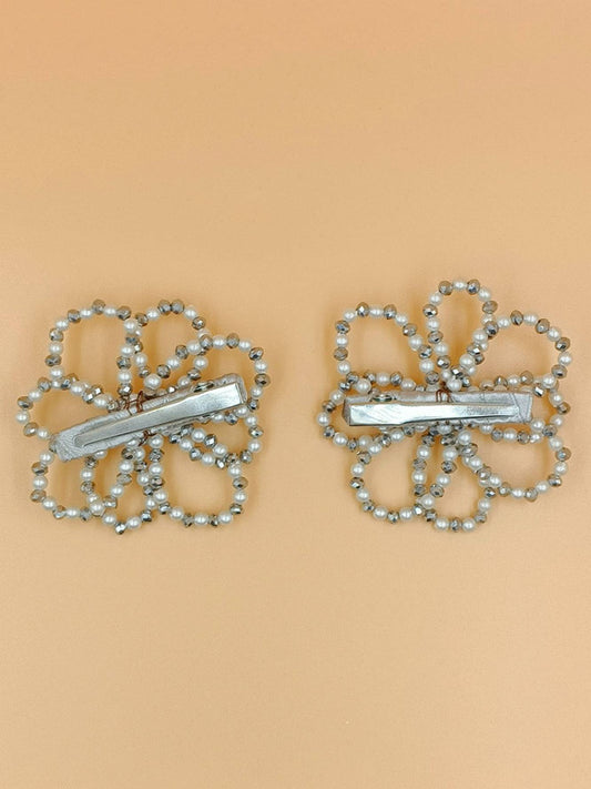 Choko Floral Beaded Hairclips - Silver and White