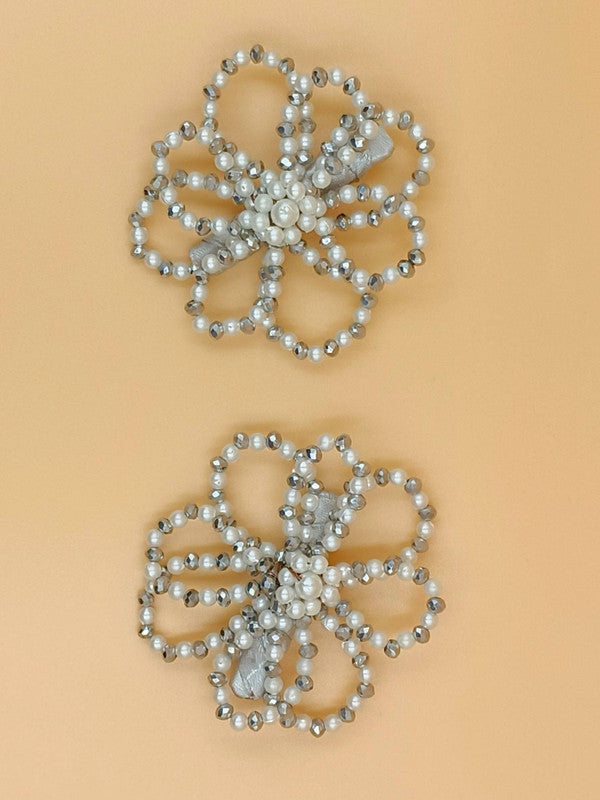 Choko Floral Beaded Hairclips - Silver and White