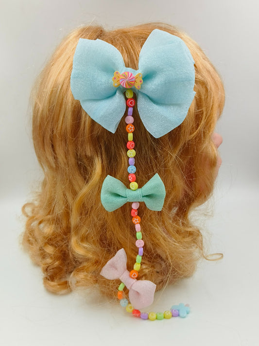 Beads String Attached Shiny Green Bowie Hair Clip for Girls & Kids