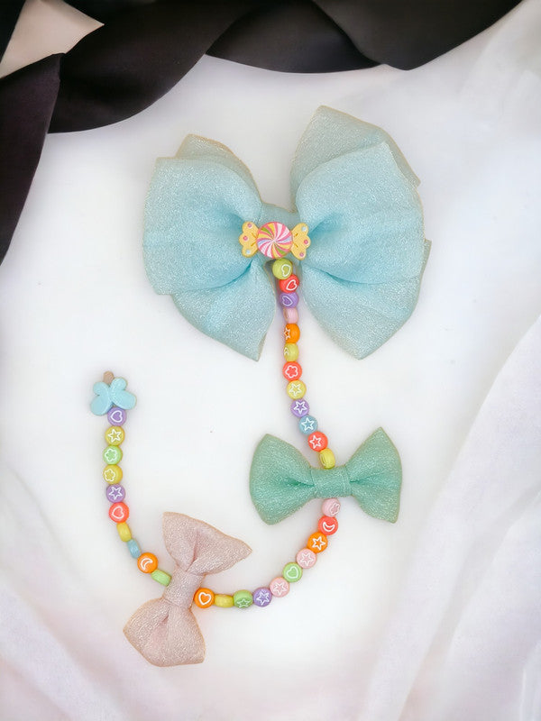 Beads String Attached Shiny Green Bowie Hair Clip for Girls & Kids