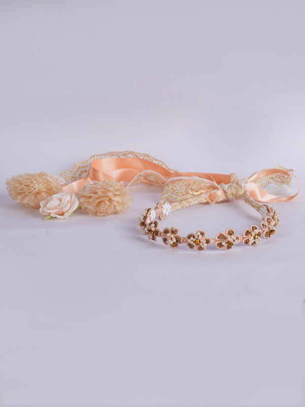 Floral Lace Beaded Hairband - Peach, Brown, White