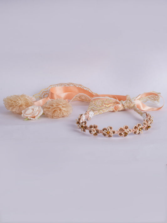 Floral Lace Beaded Hairband - Peach, Brown, White
