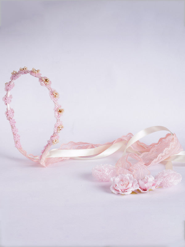 Floral Stone Accented Pink Lace Hairband - Tie Down