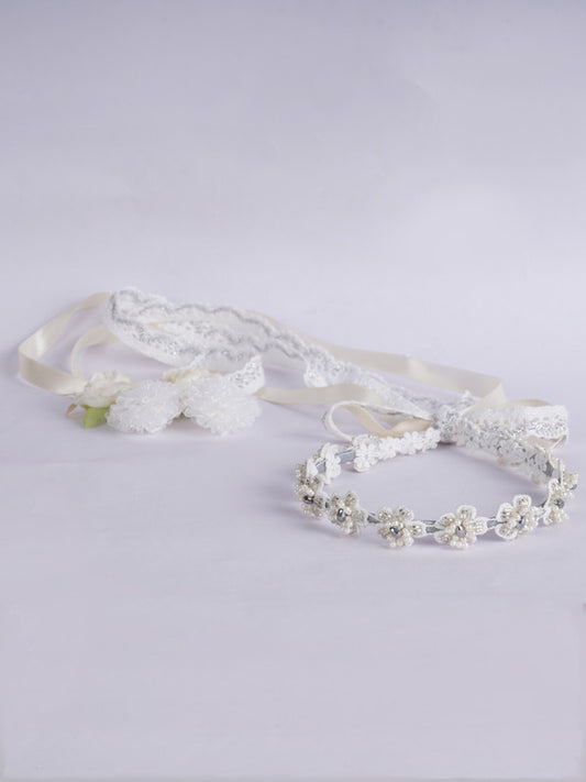 Lace Floral Beaded Hairband - Pearls and Crystals - White, Silver