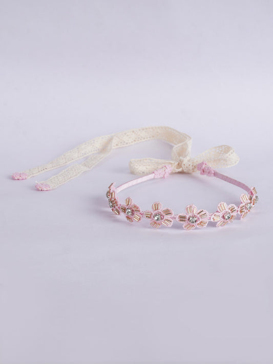 Pink Lace Blossom Flower Hair Band for Girls & Kids - Crystal Beads Accent